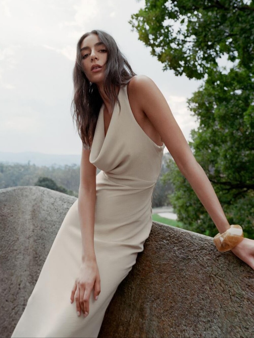 Zara Golden Appliqué Flowy Drape Halter Dress Backless Sand Biscuit Wheat M